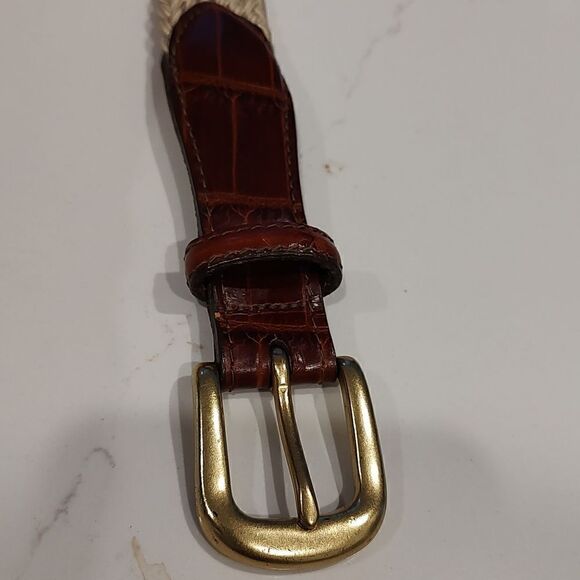 Brighton Tan Woven Web Belt with Croc Embossed Leather and Solid Brass Buckle - Picture 12 of 12
